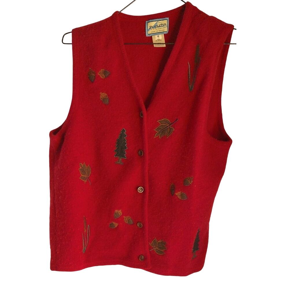 Vintage Pendleton Red Wool Vest Embroidered Pine Trees Acorns Fall 90s Medium - Picture 4 of 6
